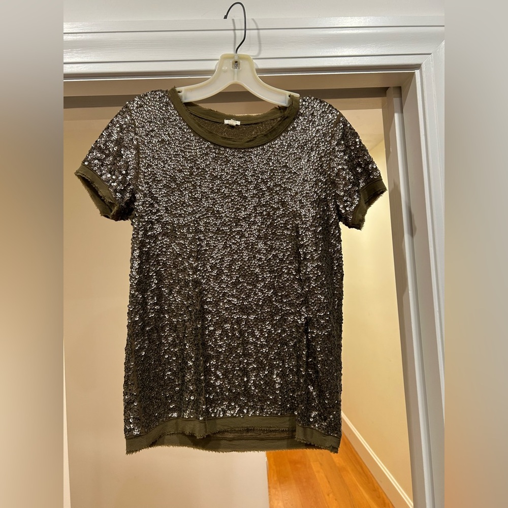 J. Crew Olive Sequin Short Sleeve Top, Cotton with Silk trim